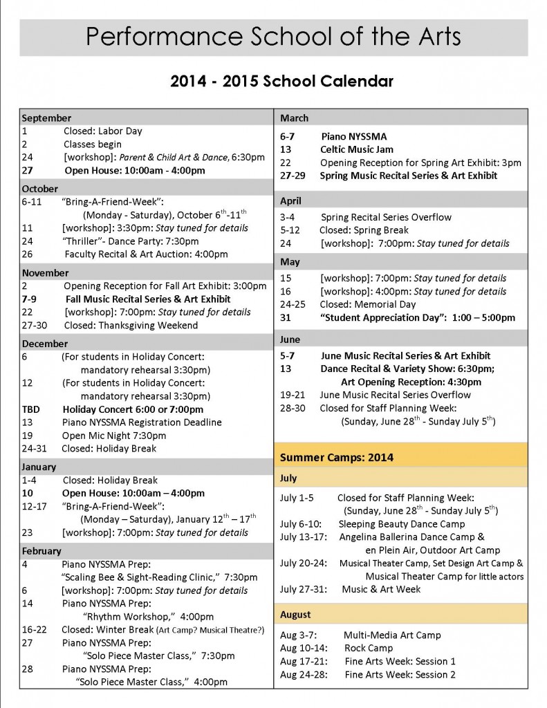 School Calendar for 2014-2015
